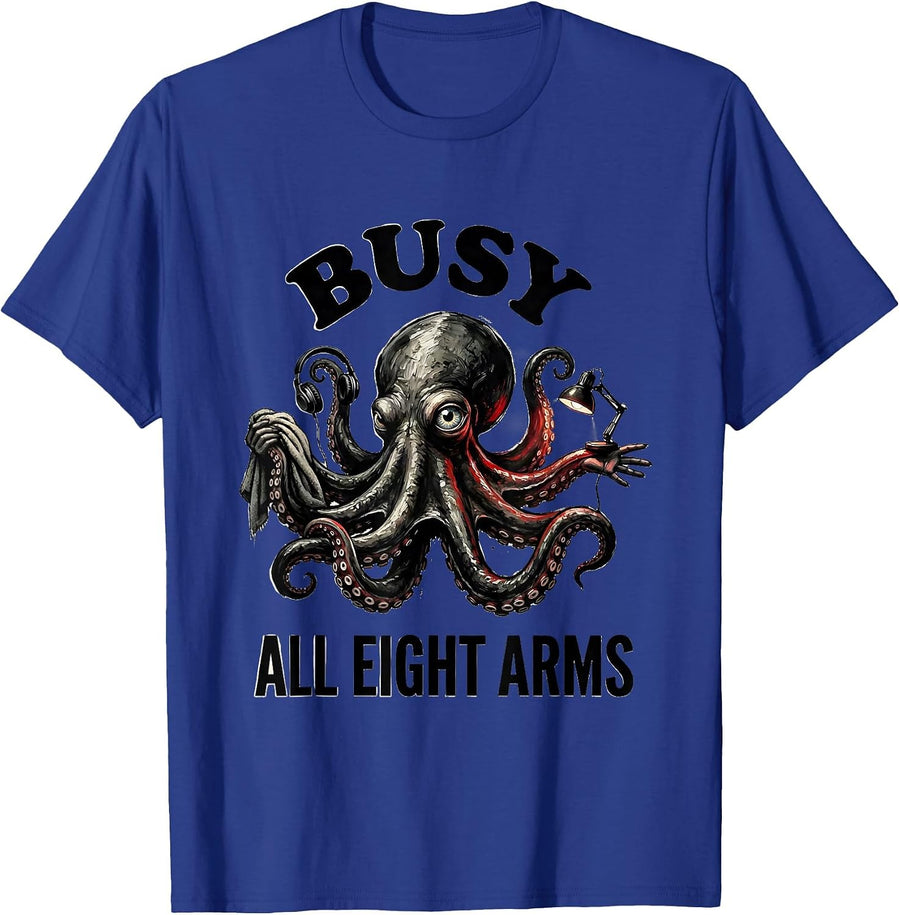 Busy, All Eight Arms Ink Brush Octopus Art Book Lover T-Shirt - Royal Blue