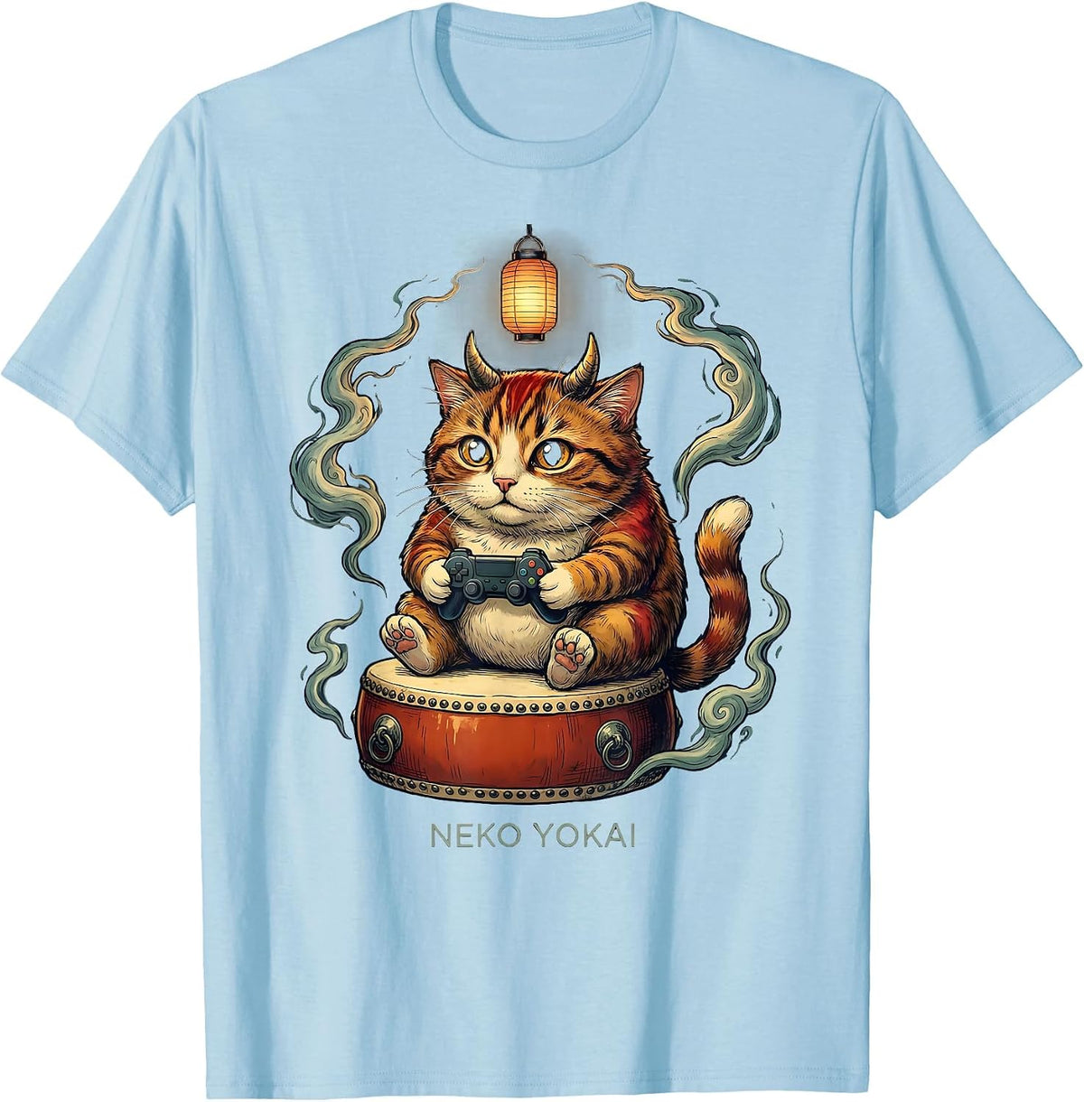 Men's Neko Yokai Funny Cat Anime Gaming Ramen Cat Lover T-Shirt - Baby Blue