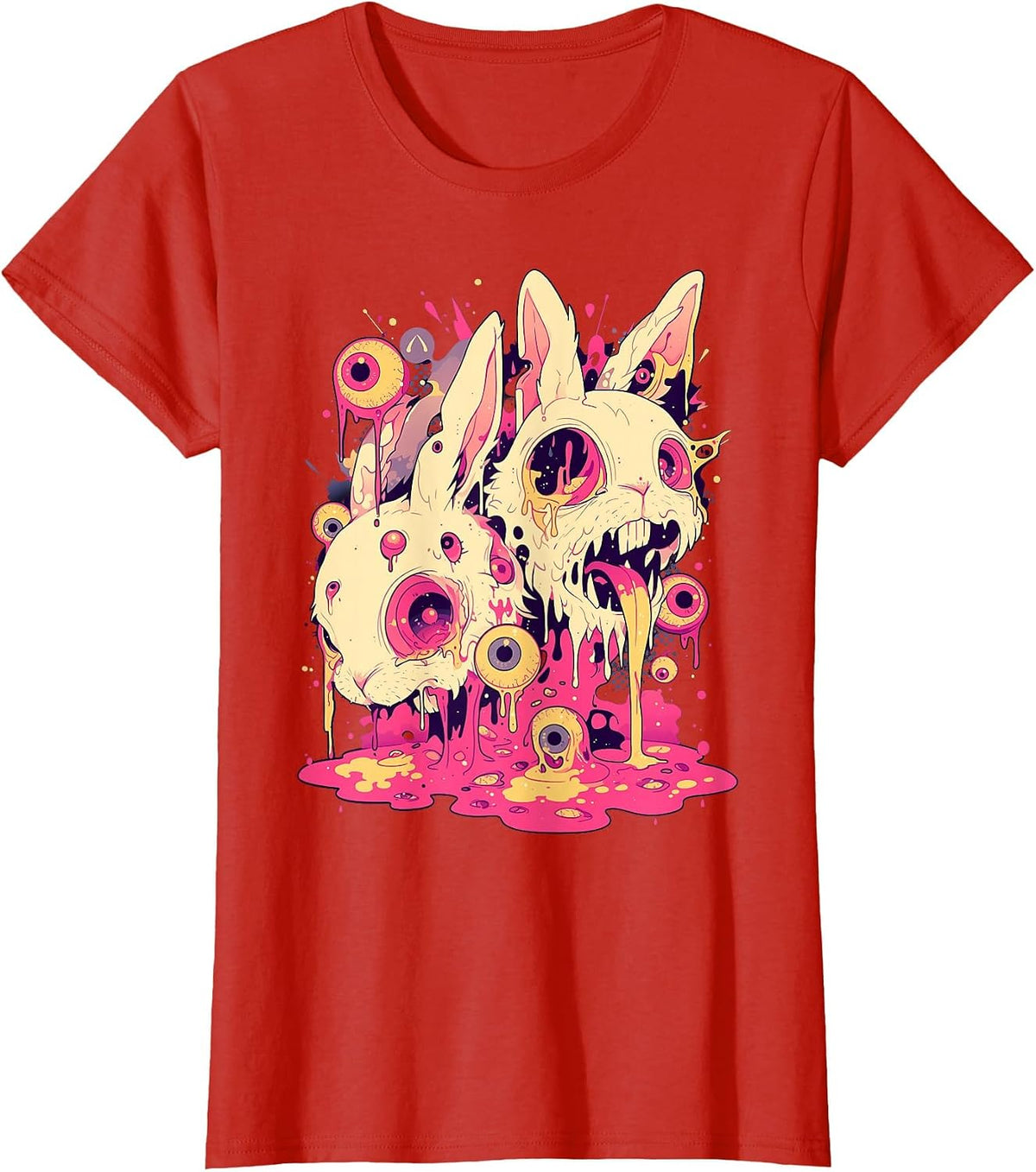 Psychedelic Creepy Horror Bunny Rabbit Weirdcore Shirt Tees T-Shirts Goth - Red