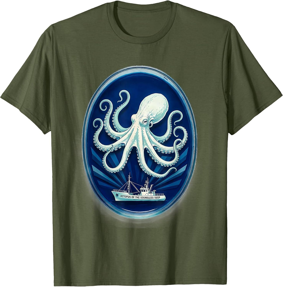 Men's Octopus of the Soundless Deep Cyanotype Ocean Animal Lover T-Shirt - Olive Green