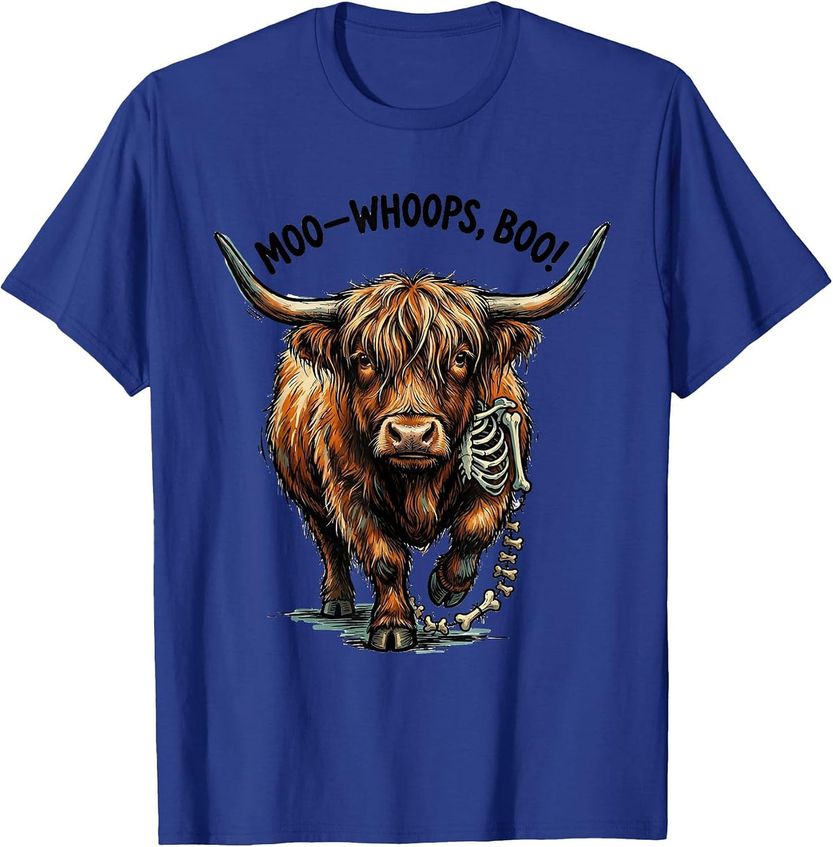 Men's Moo—Whoops, Boo! Whimsical Highland Cow Halloween Humor T-Shirt - Royal Blue