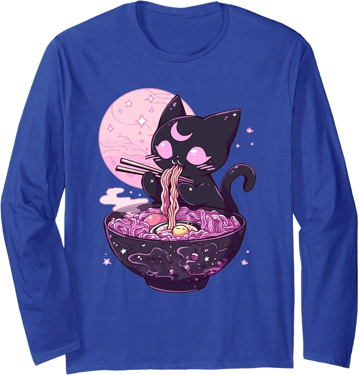 Pastel Goth Aesthetic Kawaii Creepy Cat Eating Ramen Noodles Long Sleeve T-Shirt - Adult Unisex Royal Blue