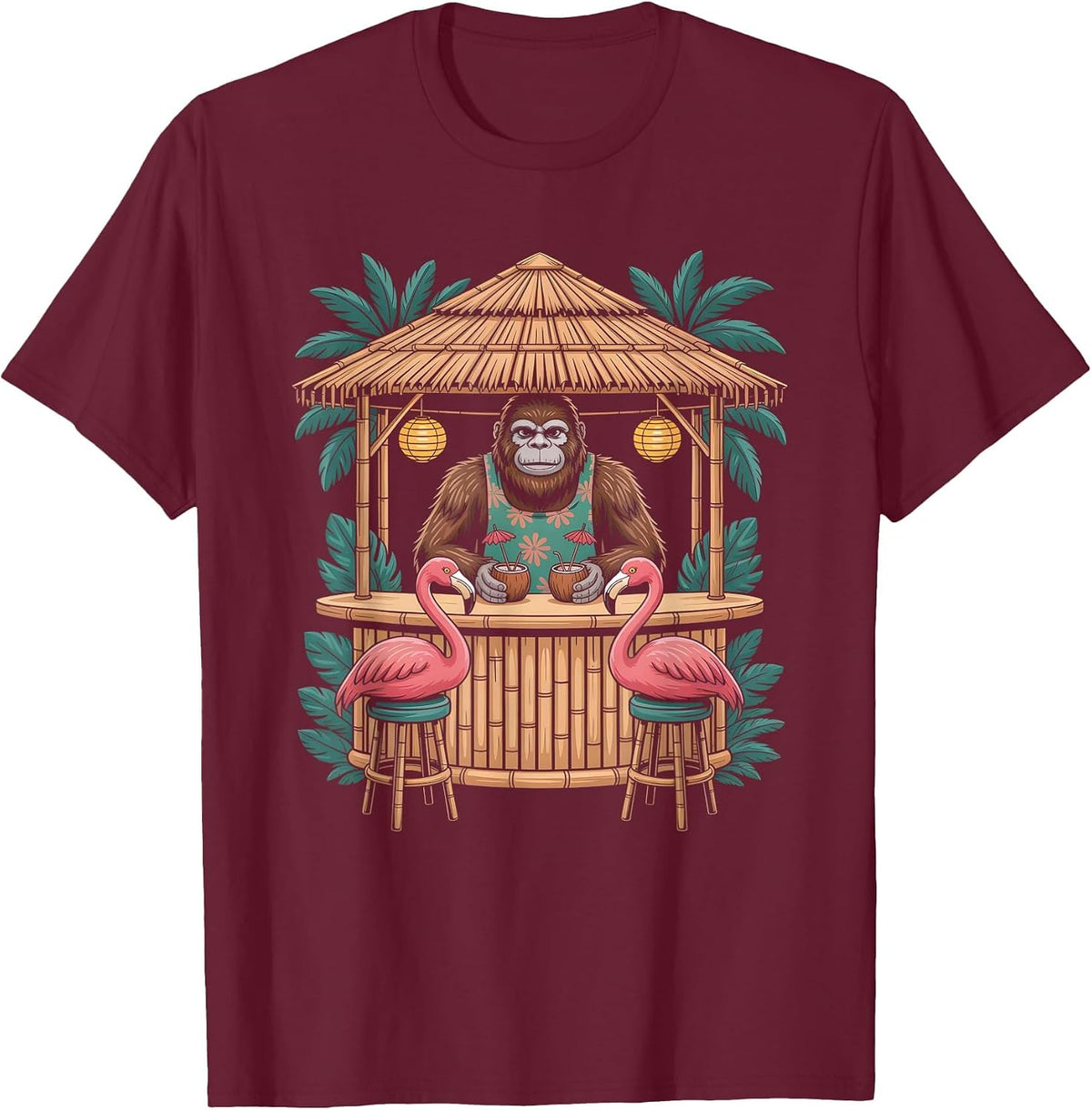 Bigfoot Flamingo Tiki Bar Summer Sun Cocktail Humor T-Shirt - Burgundy