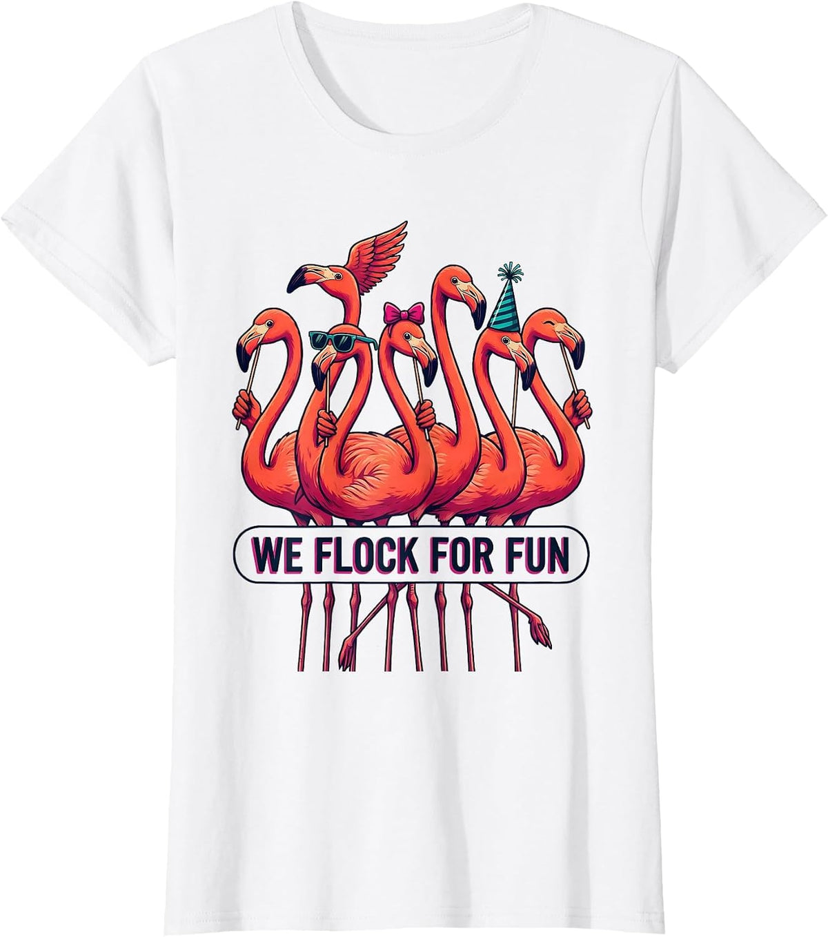 Women's We Flock For Fun Flamingo Novelty Bird Humor Matching Group T-Shirt - White