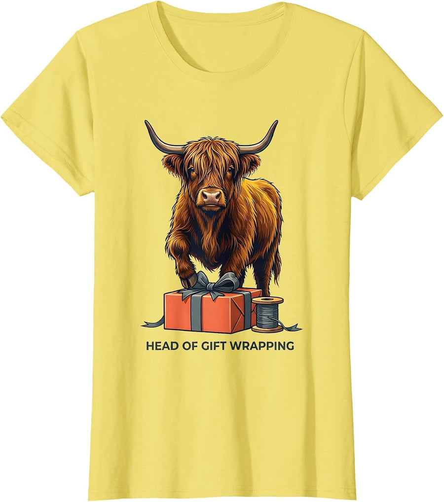 Head Of Gift Wrapping Funny Highland Cow Christmas Holiday T-Shirt - Lemon Yellow