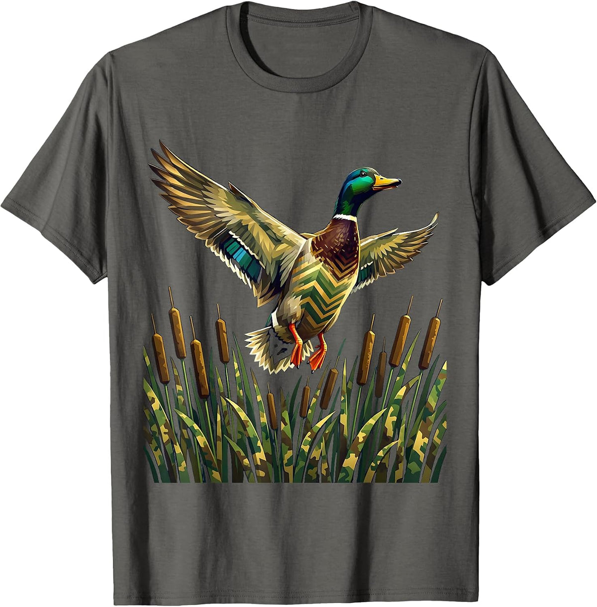 Men's Duck Flying Over Camo Marsh Reeds Illustration T-Shirt - Asphalt Grey