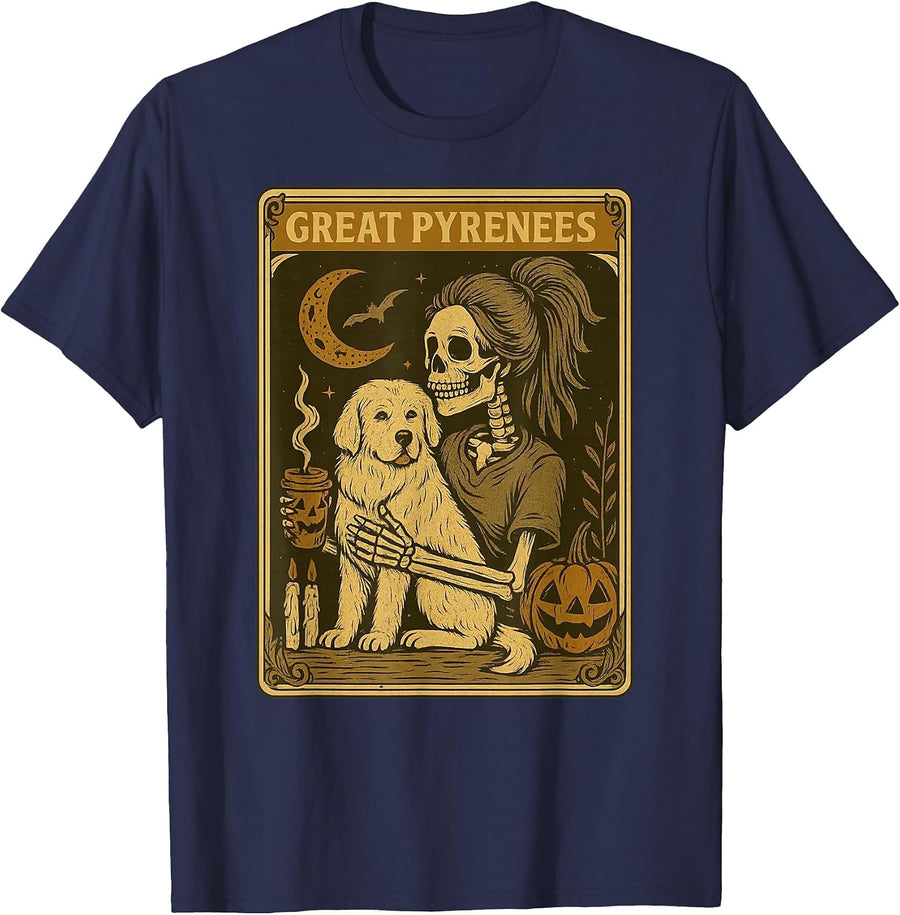 Great Pyrenees Tarot Card Skeleton Dog Mom Halloween Pumpkin T-Shirt - Navy Blue