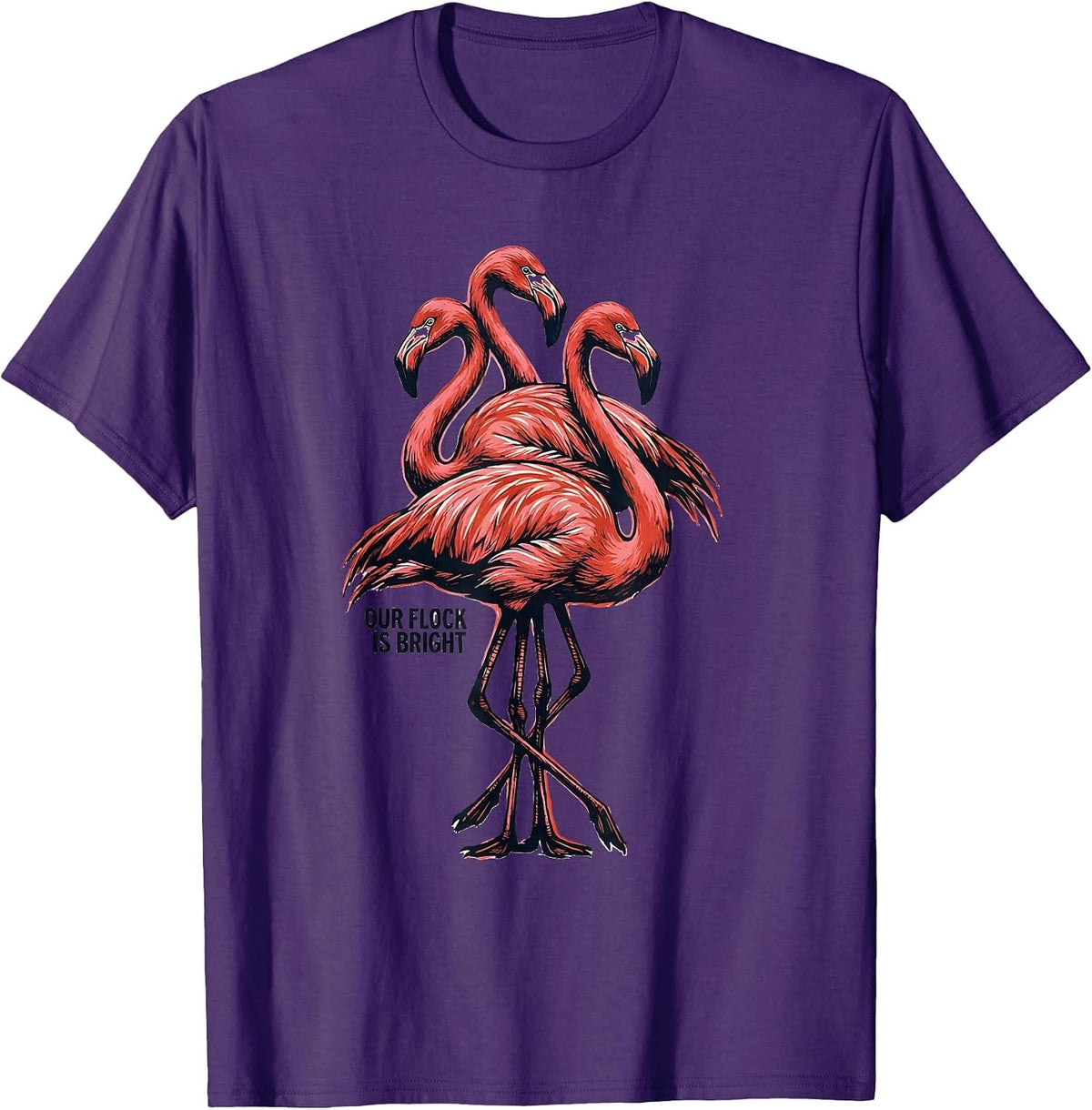Men's Our Flock Is Bright Linocut Flamingo Lover Family Matching T-Shirt - Purple