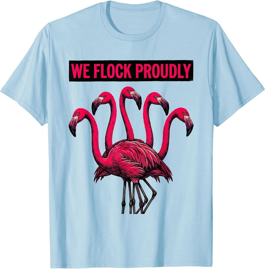 Men's We Flock Proudly Linocut Flamingo Humor Bird Lover Gift T-Shirt - Baby Blue