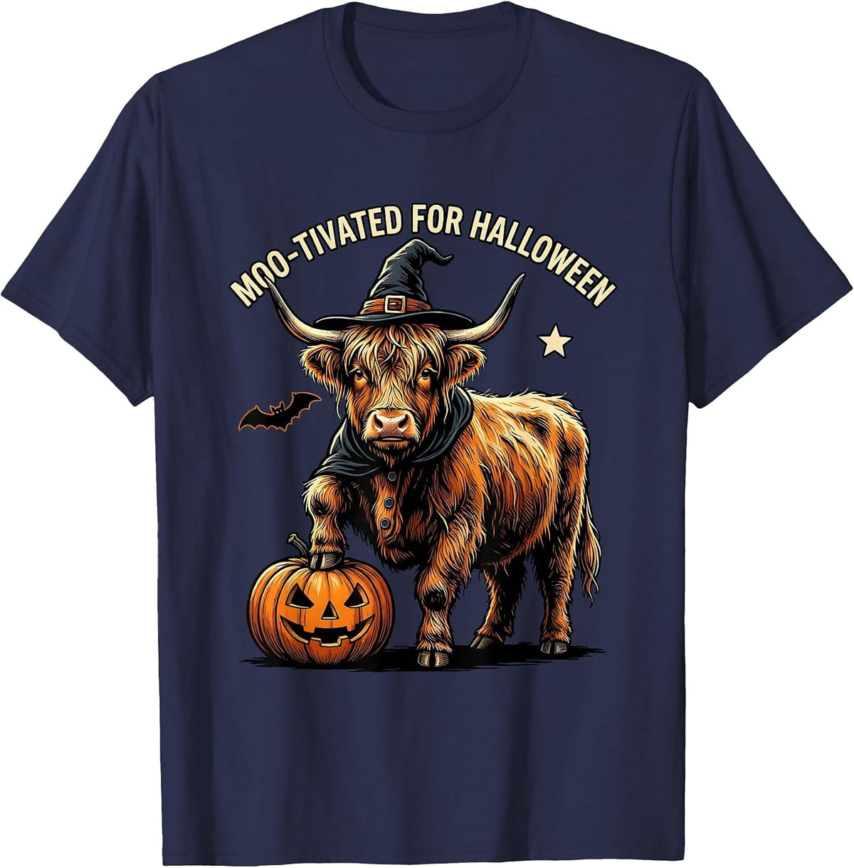 Men's Moo-tivated For Halloween Funny Highland Cow Halloween T-Shirt - Navy Blue