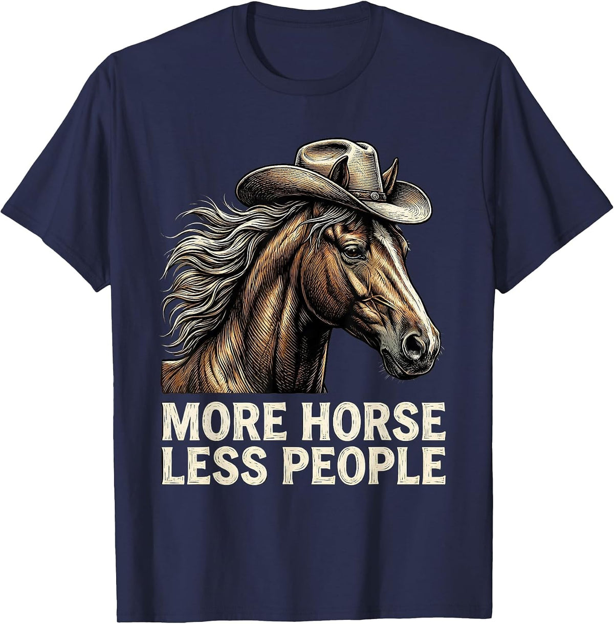Men's More Horse Less People Cowgirl Design T-Shirt - Navy Blue