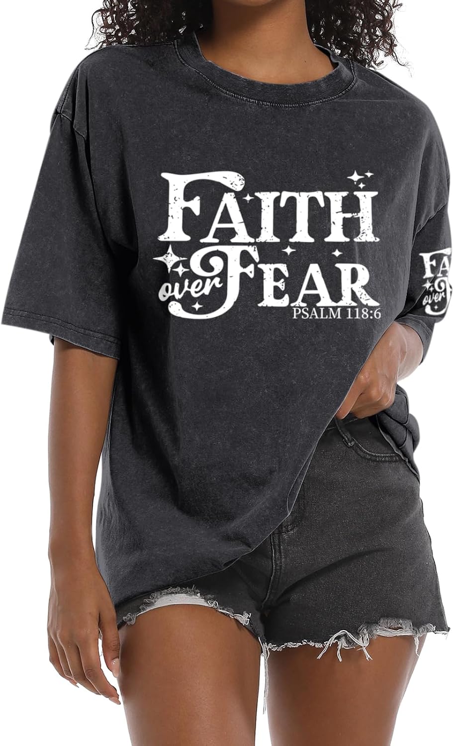 Faith Over Fear Christian Shirts for Women Jesus Religious Bible Verse T Shirts God Oversized Acid Wash Graphic Tees - Black