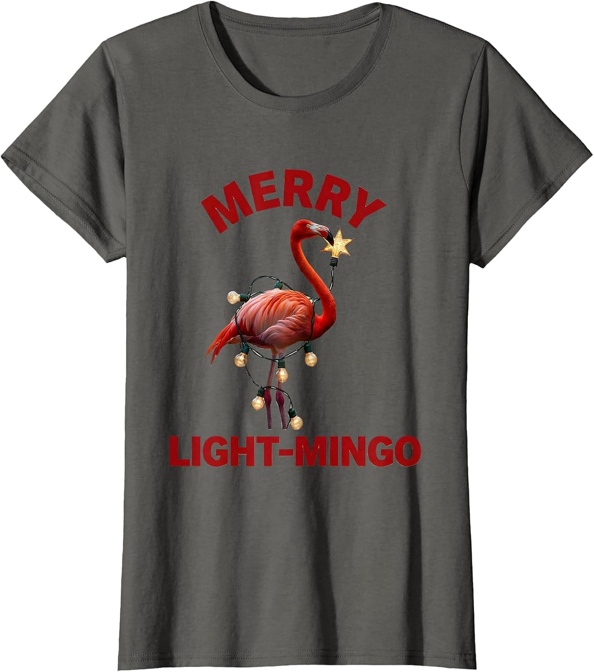 Women's Merry Light-Mingo Funny Flamingo Cactus Christmas in July T-Shirt - Asphalt Grey