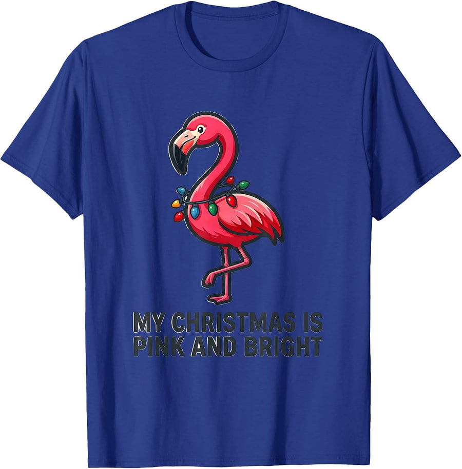 My Christmas Is Pink and Bright Flamingo Holiday Novelty T-Shirt - Royal Blue
