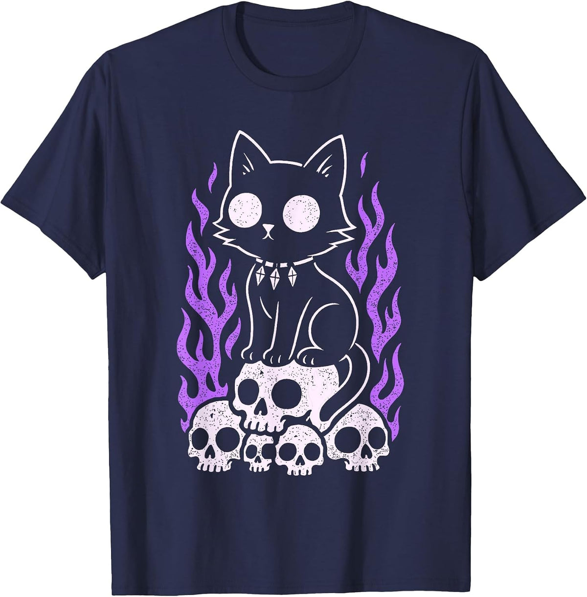Cat Kitty Skulls Creepy Cute Kawaii Pastel Goth Purple Flame T-Shirt - Navy Blue
