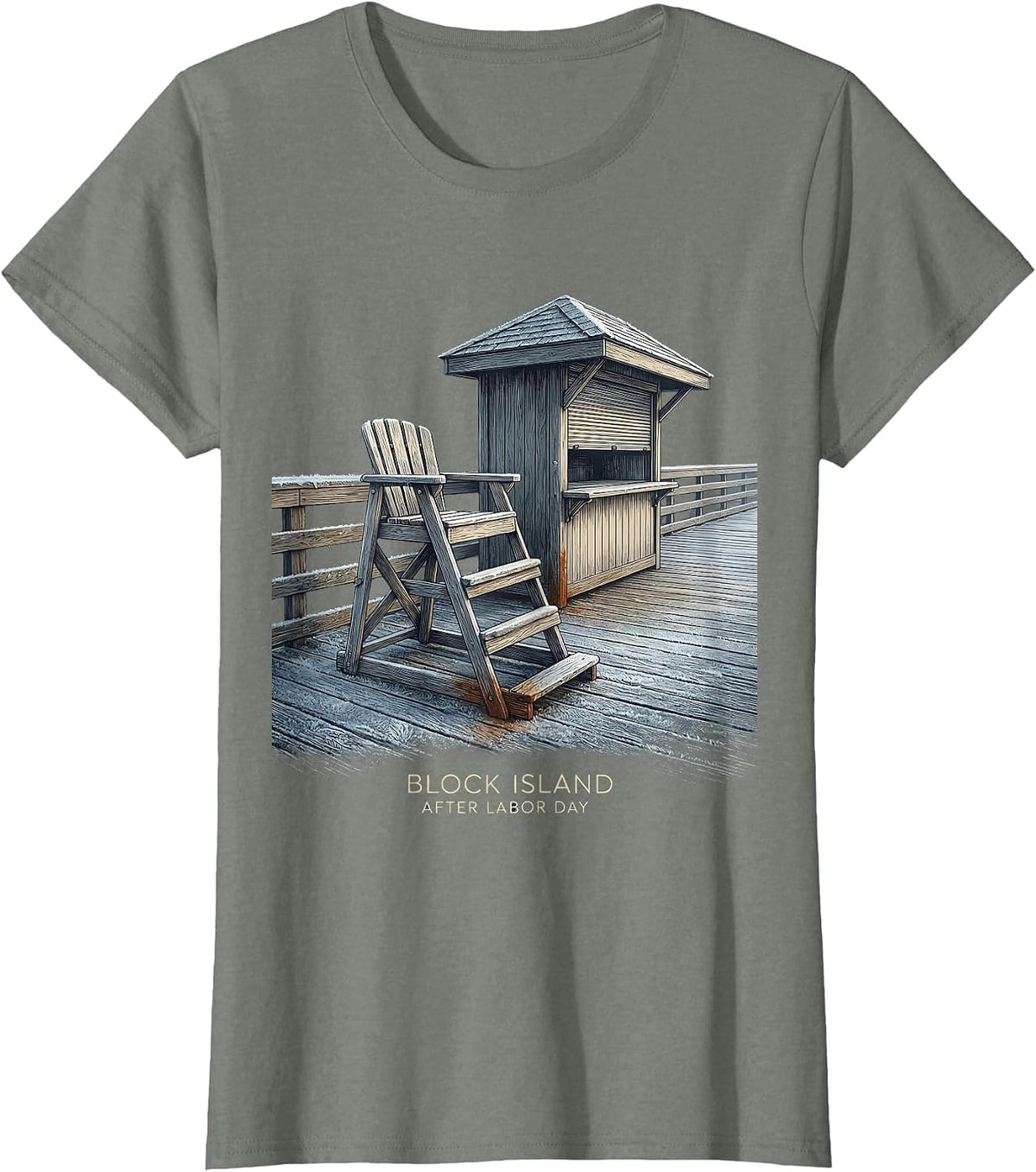 Women's Block Island After Labor Day Vintage Coastal Town Pride T-Shirt - Olive Heather