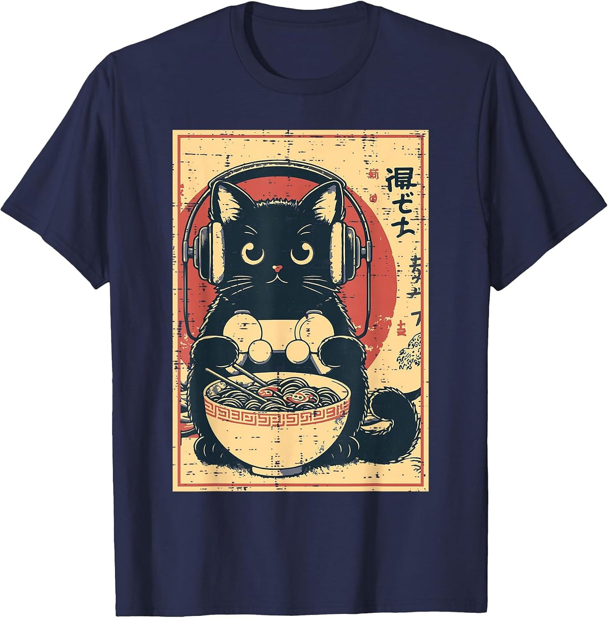 Japanese Cat Gamer Controller Ramen Gaming Art Men Boys Kids T-Shirt - Navy Blue