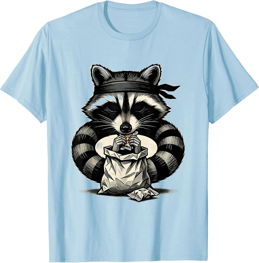 Men's Angular Raccoon Mask Snack Humor Trash Panda Meme T-Shirt - Baby Blue