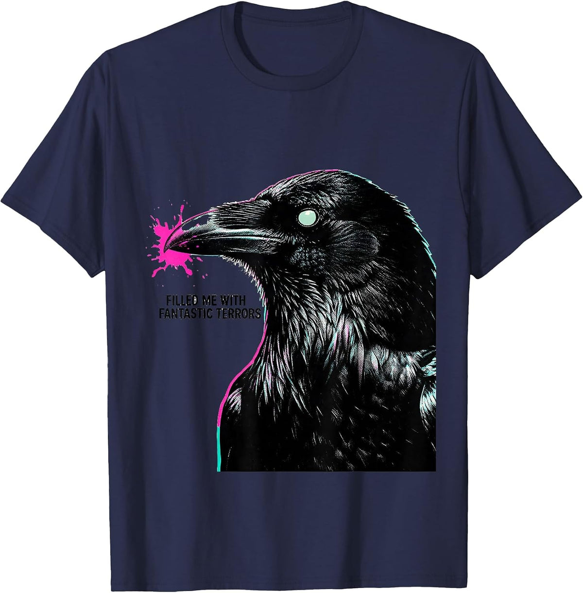 Filled Me With Fantastic Terrors Risograph Gothic Poe Fan T-Shirt - Navy Blue