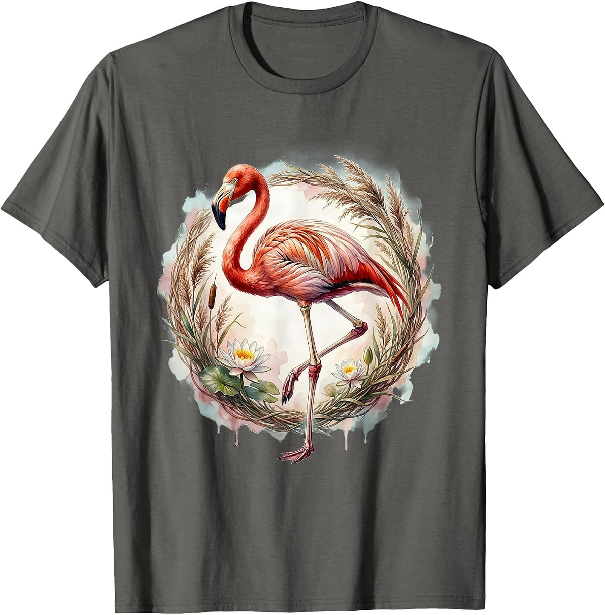 Flamingo Skeleton Elegant Pose Graphic T-Shirt - Asphalt Grey