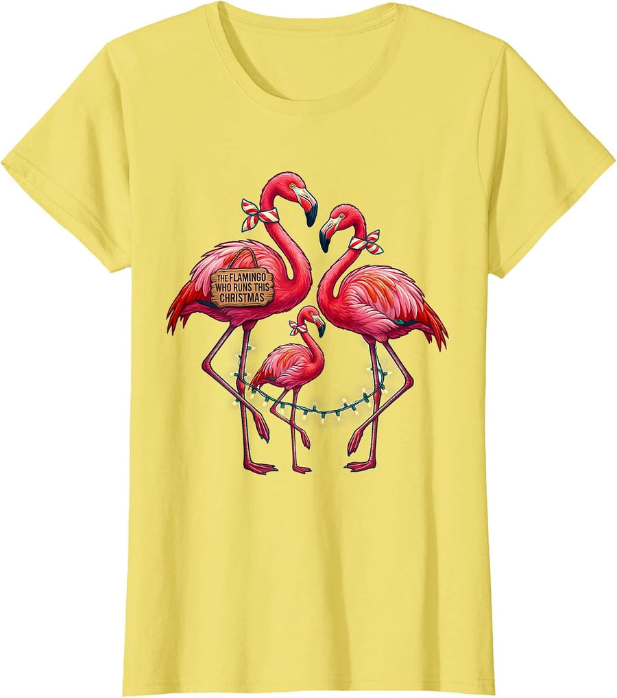 Women's The Flamingo Who Runs This Christmas Funny Pink Flamingo T-Shirt - Lemon Yellow