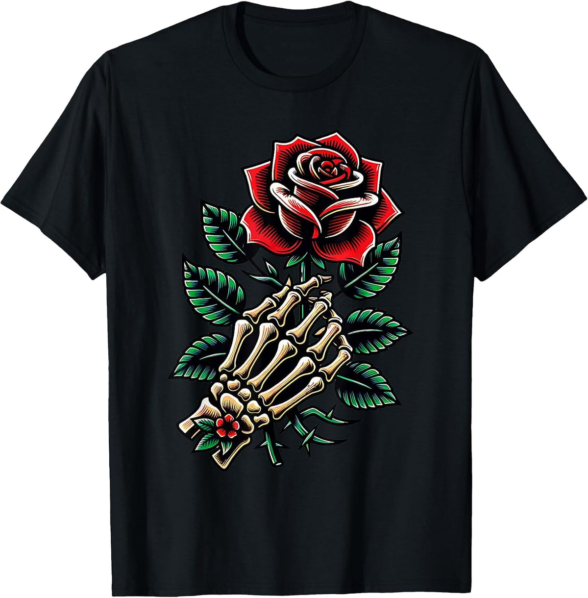 Skeleton Hand Rose Graphic T-Shirt - Black