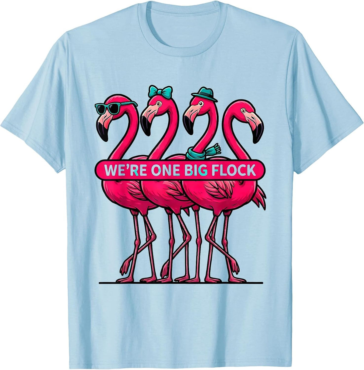 Men's We're One Big Flock Cartoon Flamingo Novelty Bird Lover Gift T-Shirt - Baby Blue