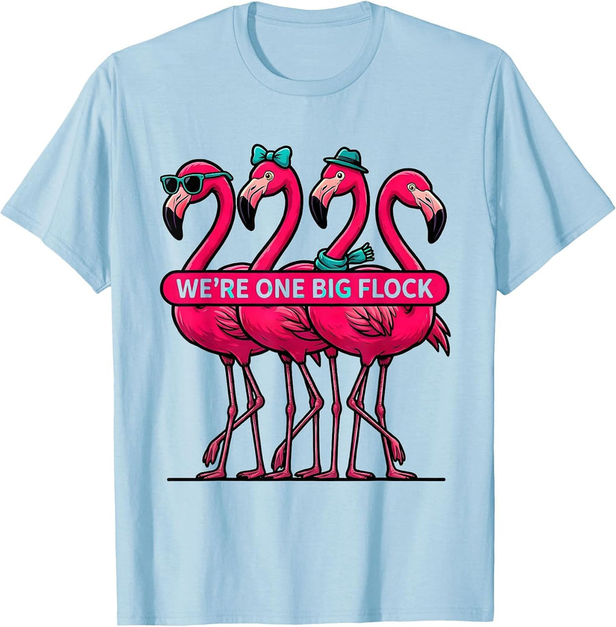 Men's We're One Big Flock Cartoon Flamingo Novelty Bird Lover Gift T-Shirt - Baby Blue
