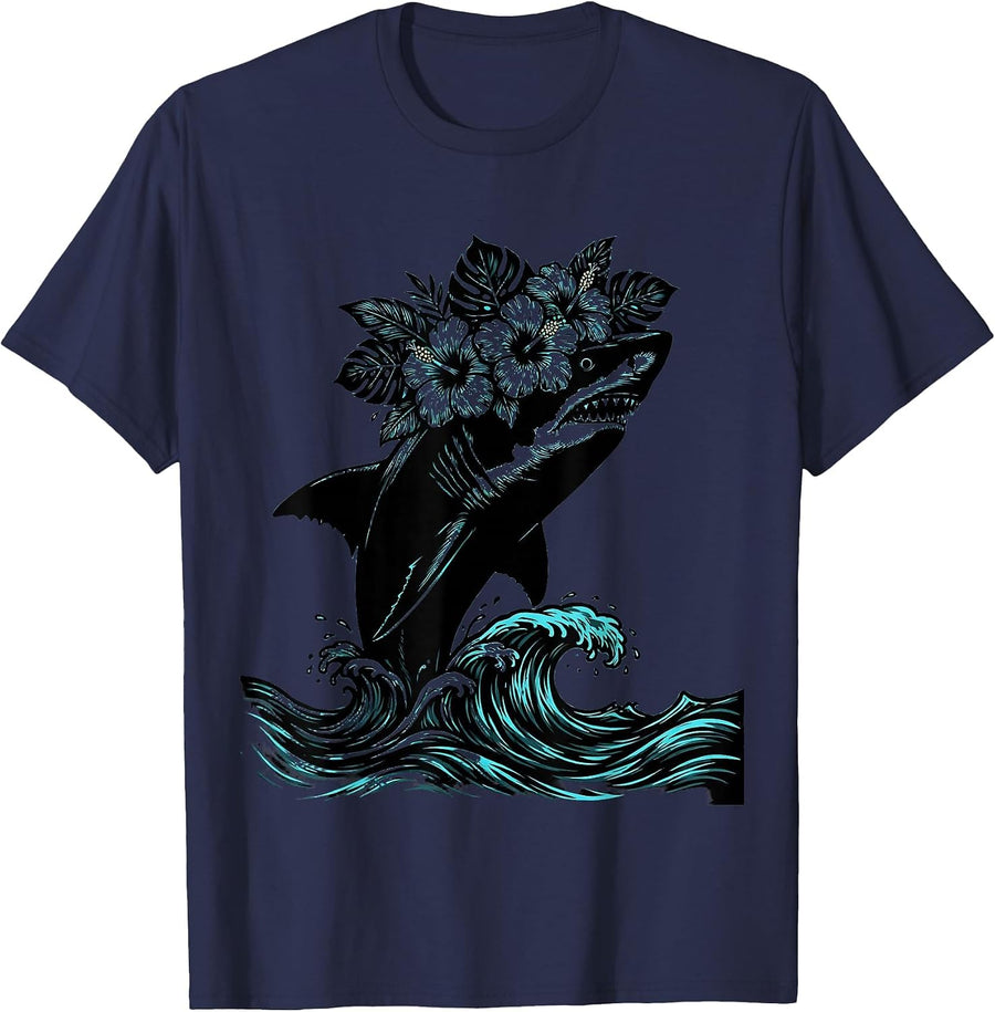 Funny Hawaiian Shark Fin Flower Crown Graphic T-Shirt - Navy Blue