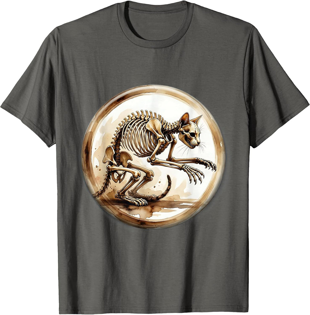Cat Skeleton Mid-Pounce Illustration T-Shirt - Asphalt Grey