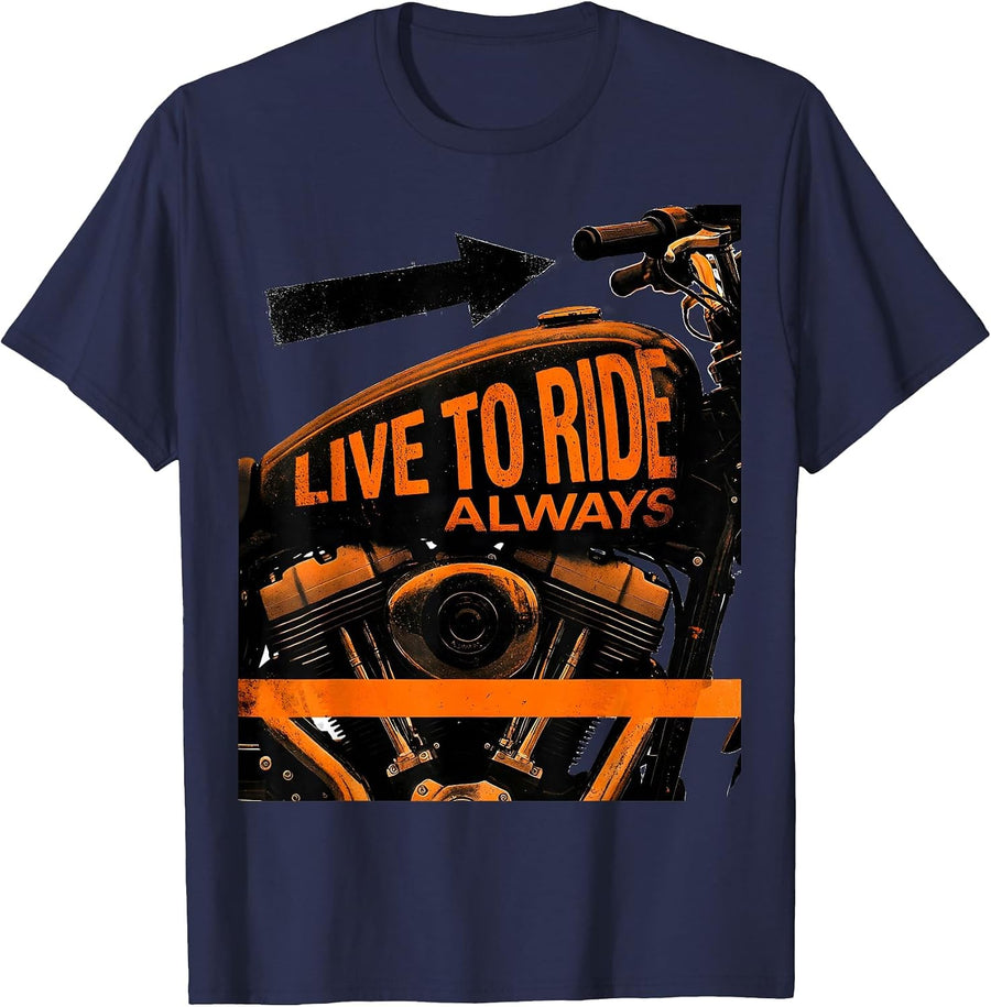 Live To Ride Always Biker Graphic Design T-Shirt - Navy Blue