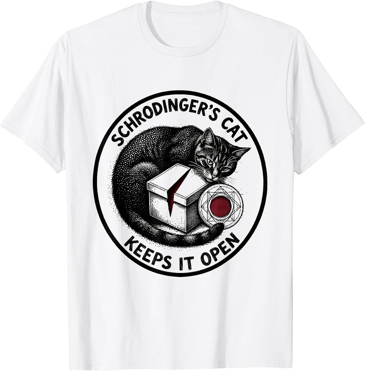 Men's Schrodinger's Cat Keeps It Open Nerdy Quantum Physics T-Shirt - White