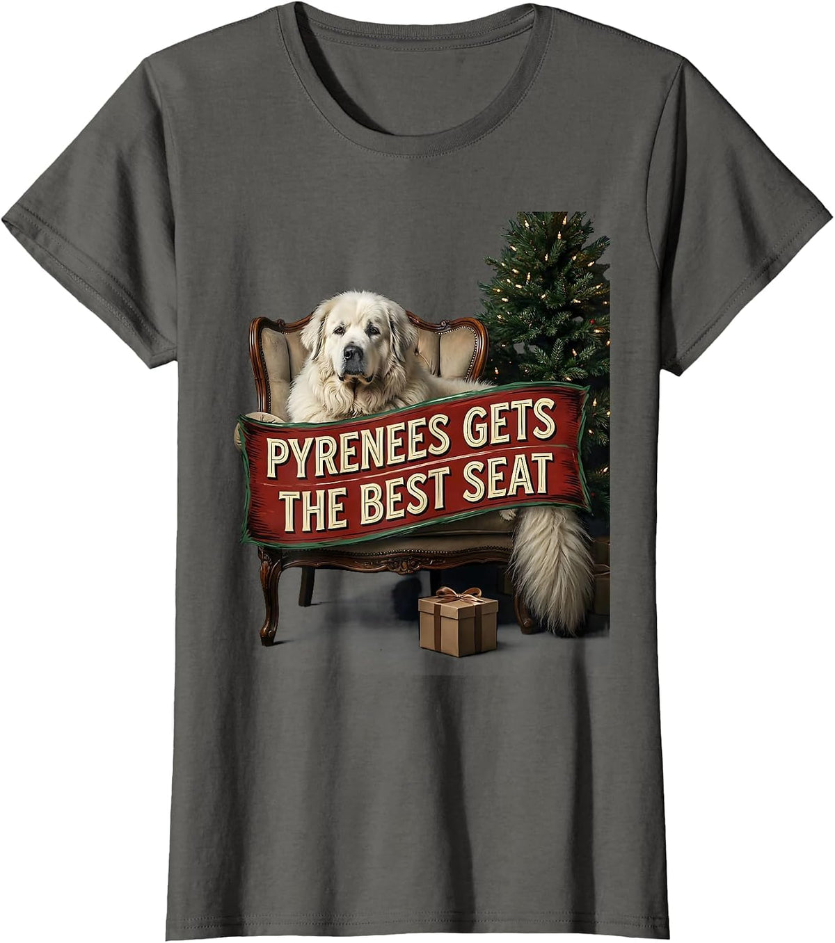 Women's Pyrenees Gets The Best Seat Funny Christmas Dog Breed Lover T-Shirt - Asphalt Grey
