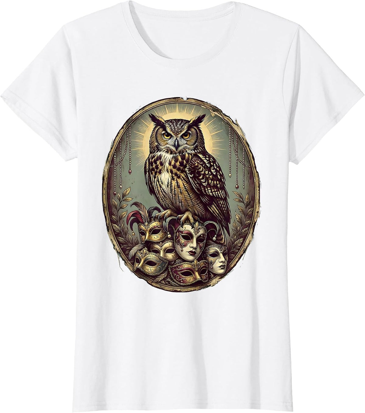 Mardi Gras Owl on a Stack of Festive Masks T-Shirt - White