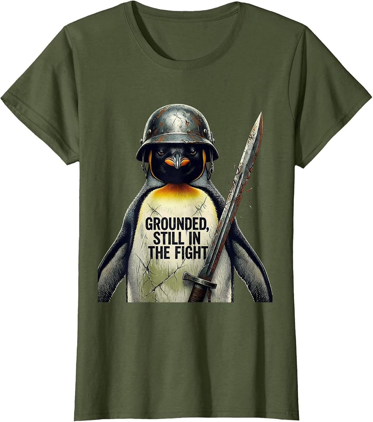 Women's Grounded, Still In The Fight Funny Tactical Penguin Military T-Shirt - Olive Green