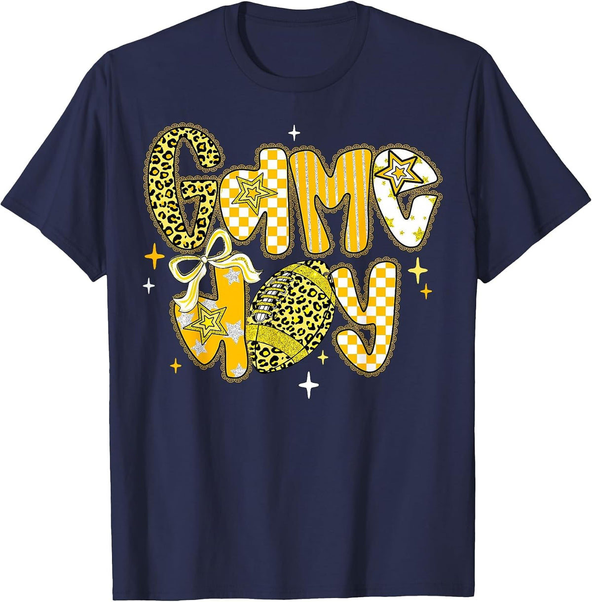 Game Day Football Girly Lace Bow Team Spirit Girls Yellow T-Shirt - Navy Blue