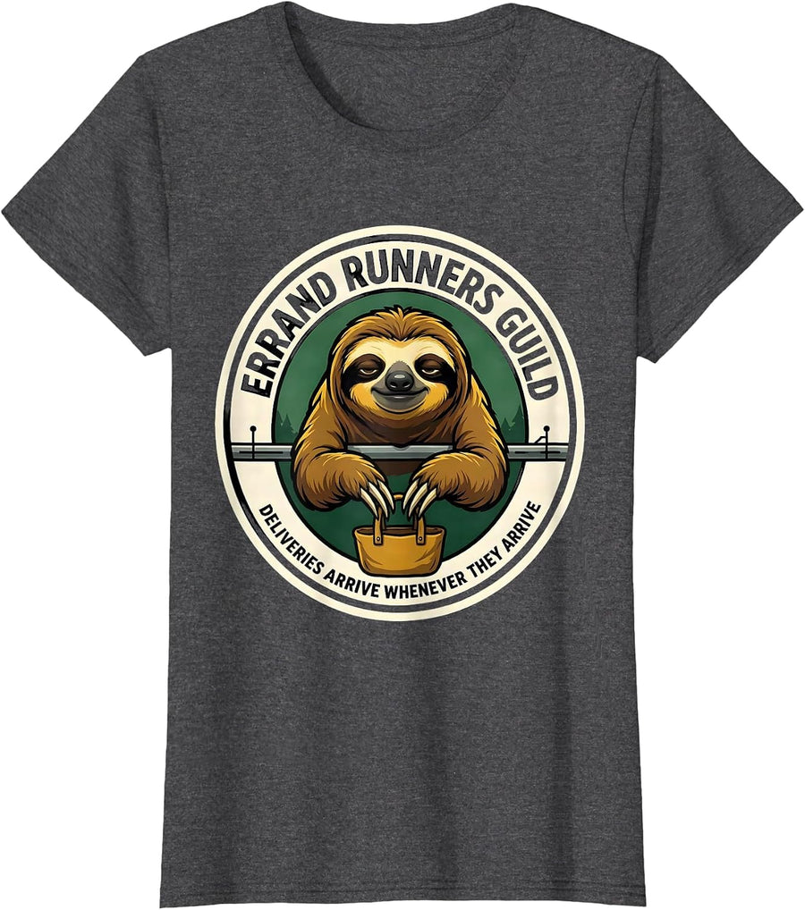 Women's Errand Runners Guild Sloth Lover Deadpan Humor T-Shirt - Dark Heather Grey