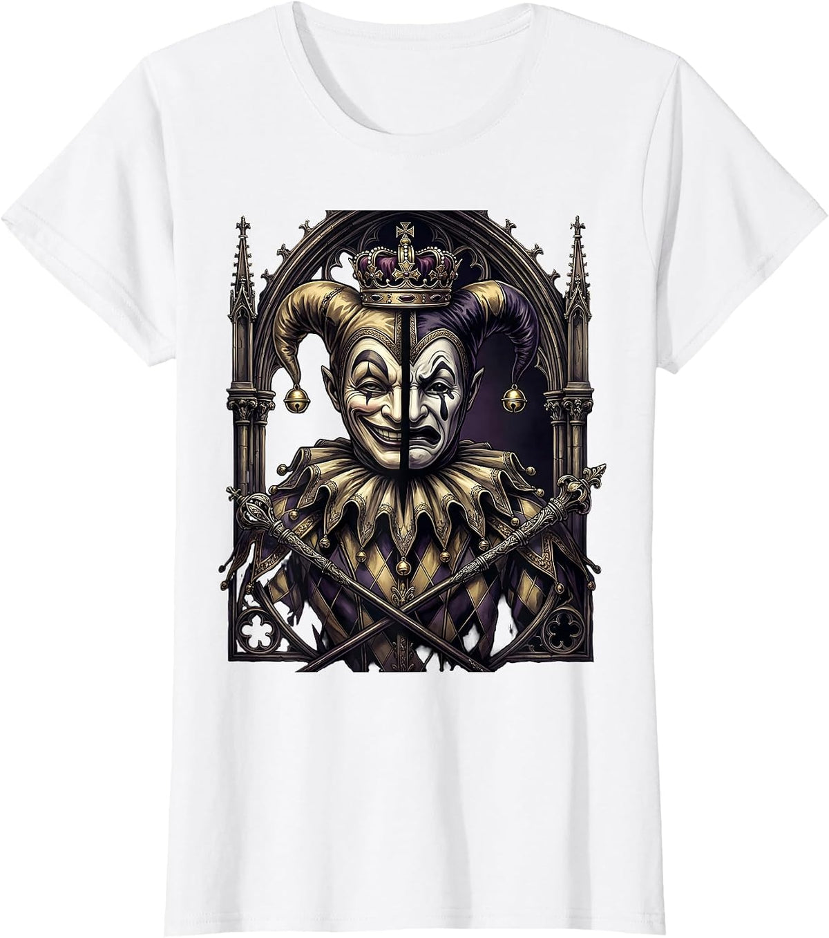 Mardi Gras Two-Headed Royal Jester Design T-Shirt - White