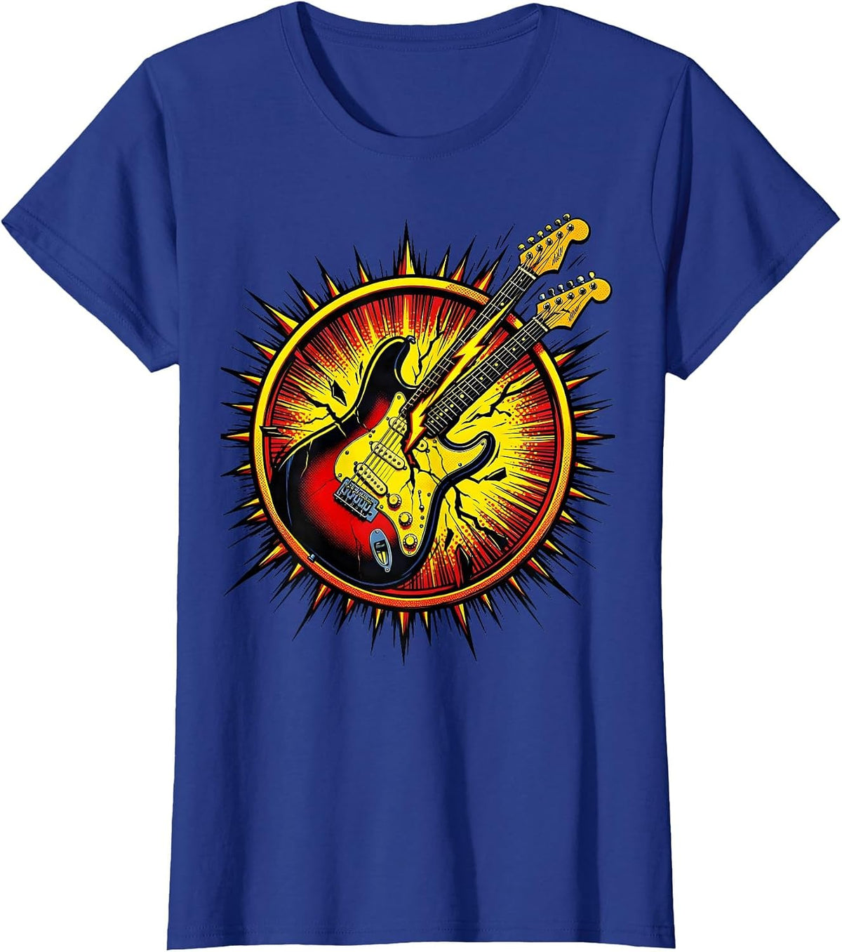 Women's Electric Guitar Lightning Bolt Split 80s Rock Art T-Shirt - Royal Blue