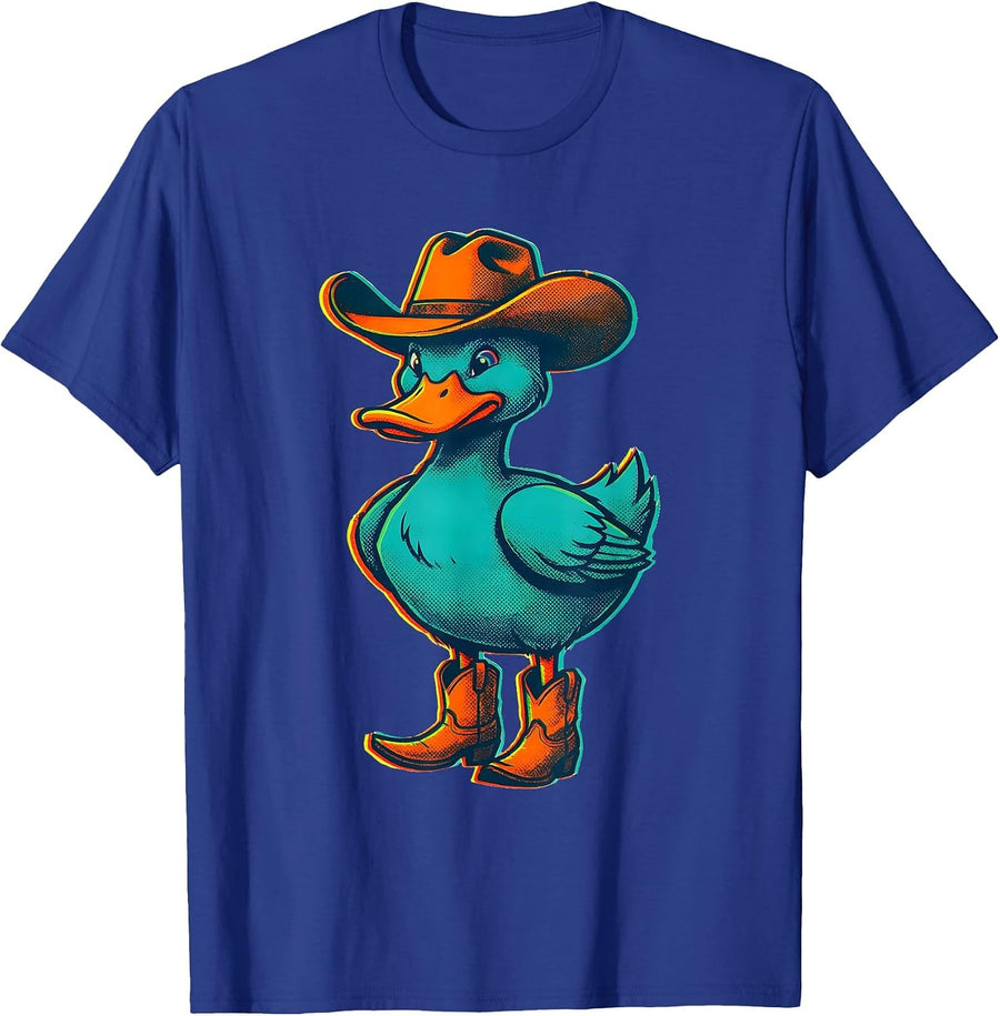 Duck in Cowboy Hat and Boots Western Illustration T-Shirt - Royal Blue