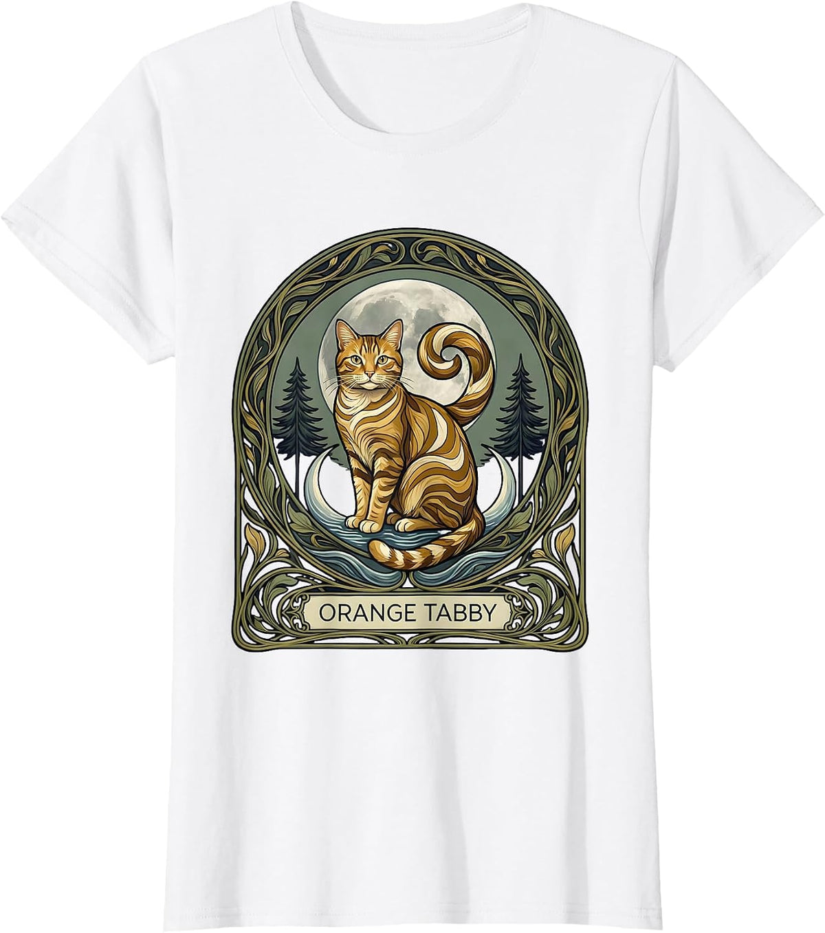 Women's Orange Tabby Art Nouveau Moonlit Cat Breed Portrait 90s T-Shirt - White