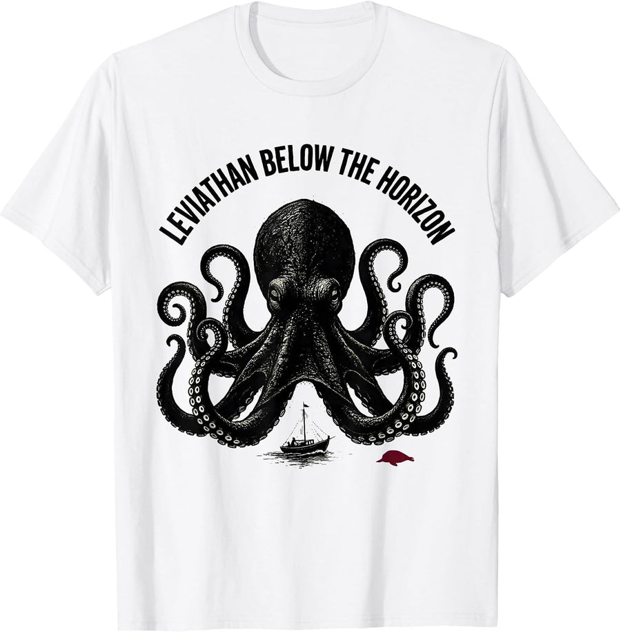 Men's Leviathan Below the Horizon Blackwork Dotwork Octopus Lover T-Shirt - White