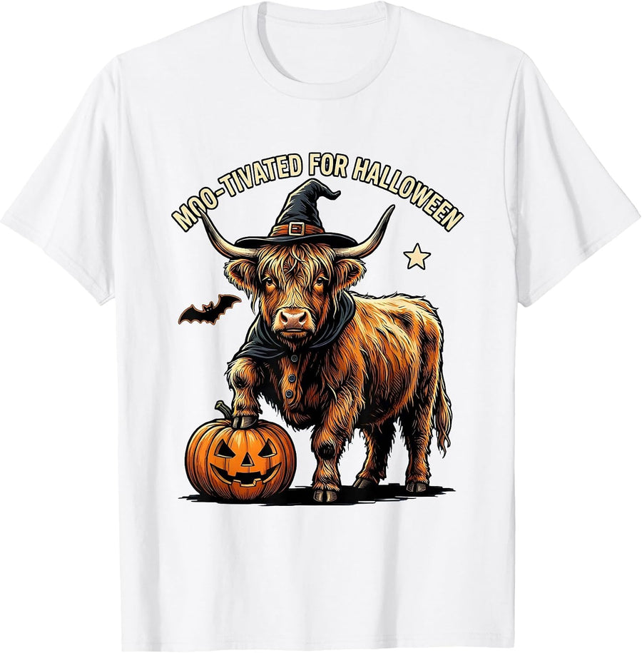 Men's Moo-tivated For Halloween Funny Highland Cow Halloween T-Shirt - White