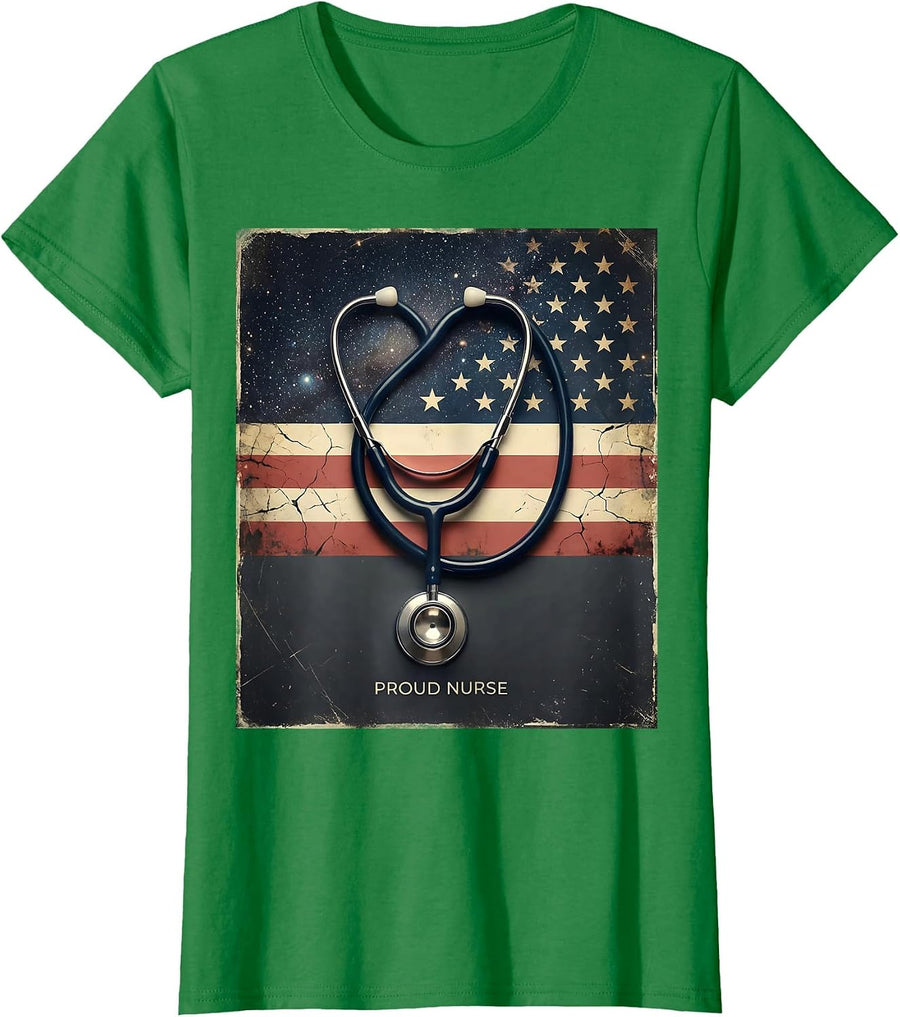Women's Proud Nurse Distressed American Flag Nurse Pride Casual T-Shirt - Kelly Green