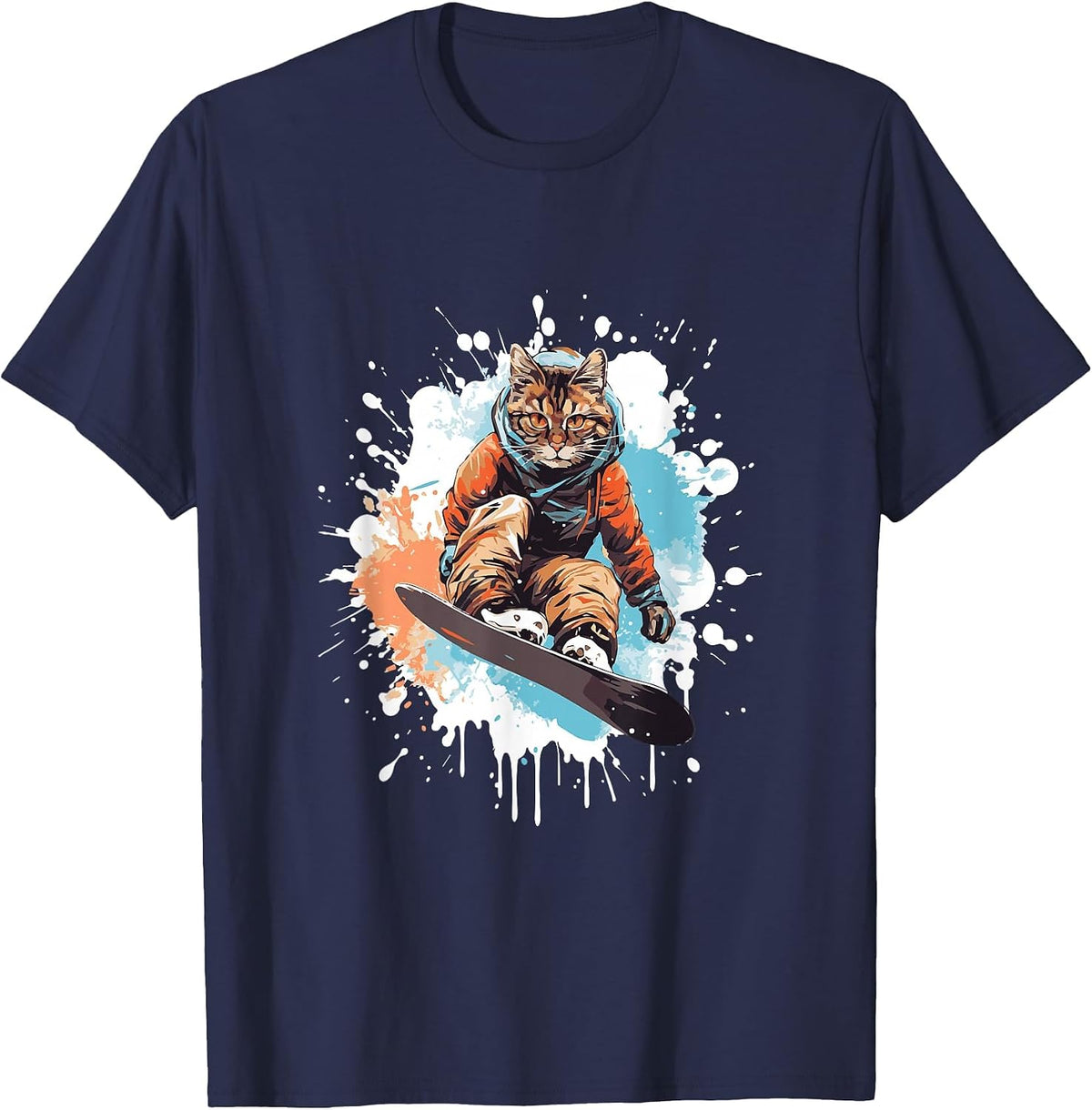 Cat Snowboarding Animal Snowboard Funny T-Shirt - Navy Blue