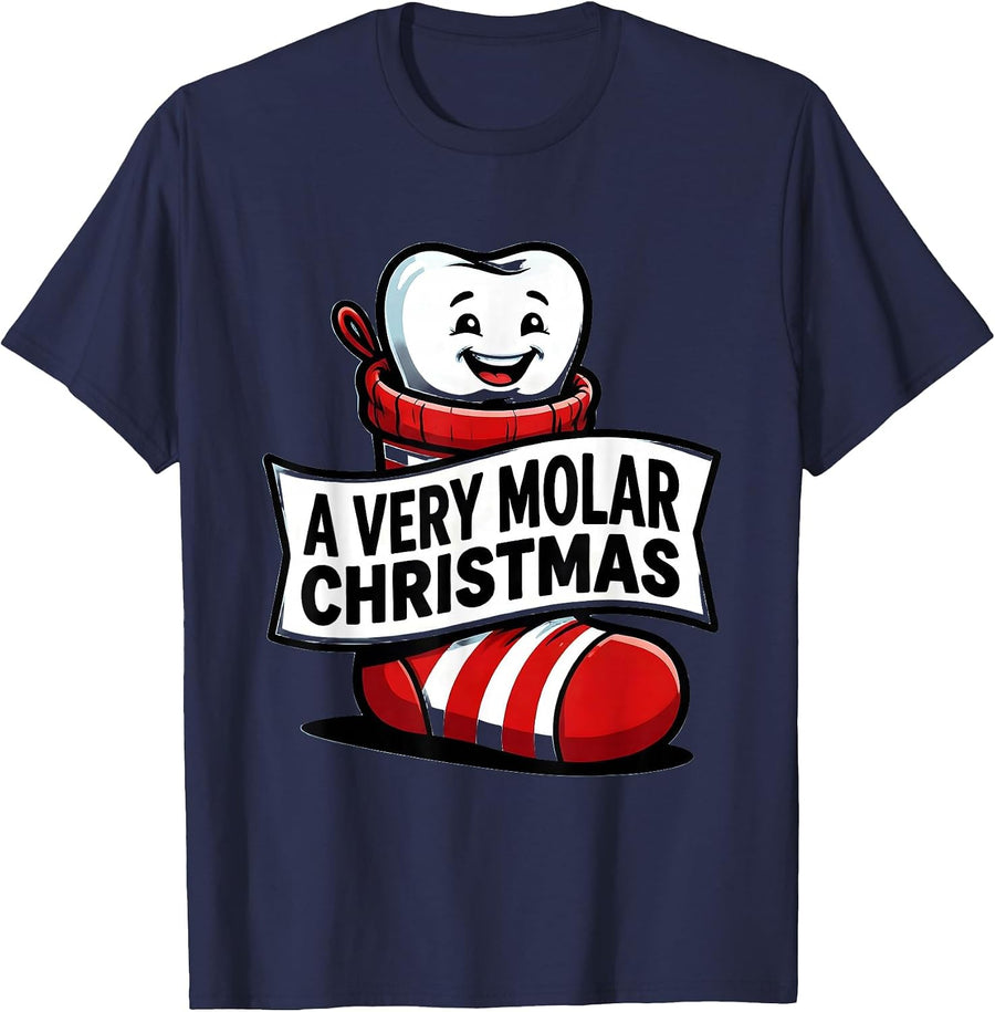 A Very Molar Christmas Cartoon Dental Humor Dentist T-Shirt - Navy Blue