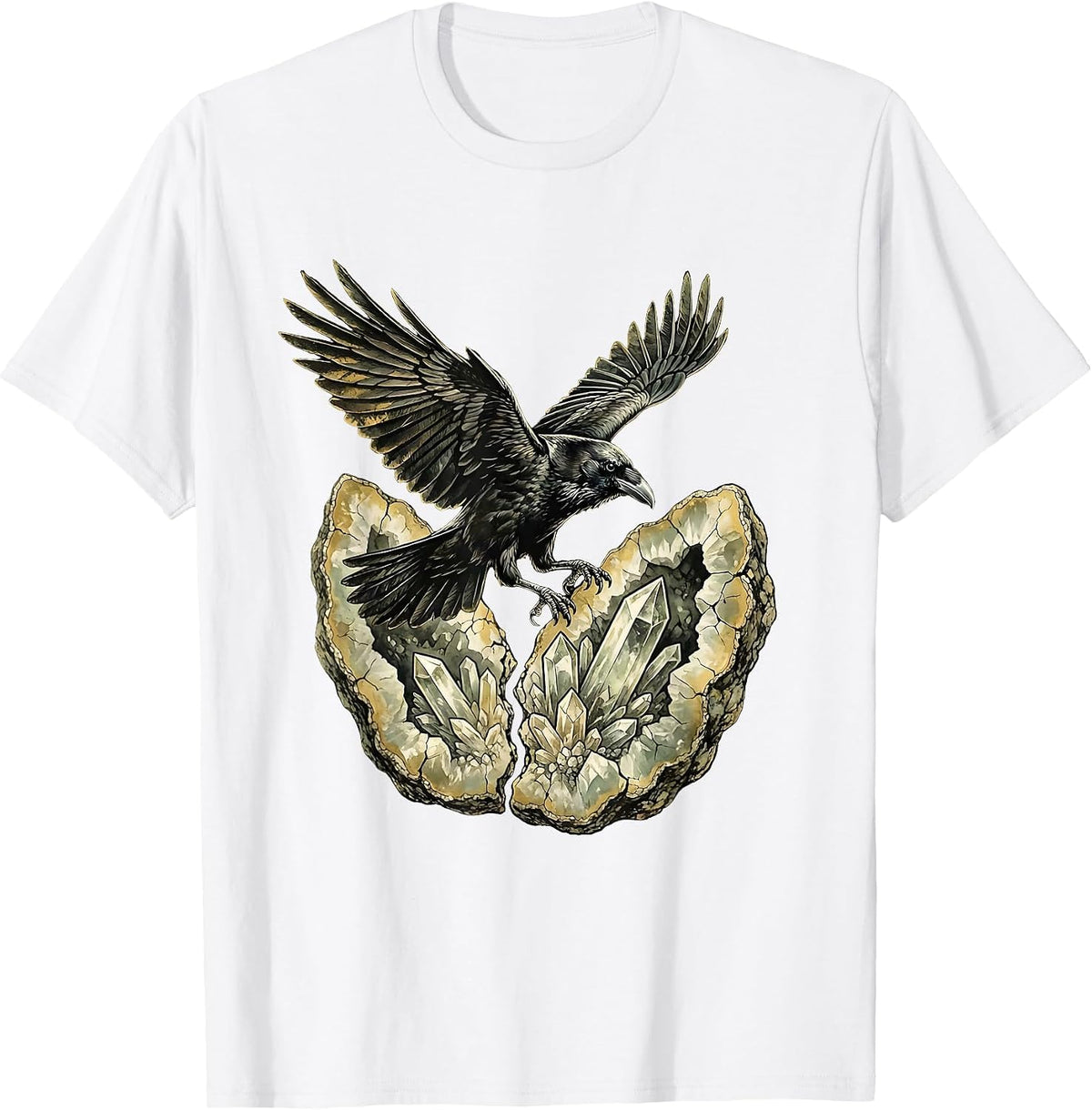 Men's Crow Landing on Cracked Geode Illustration T-Shirt - White