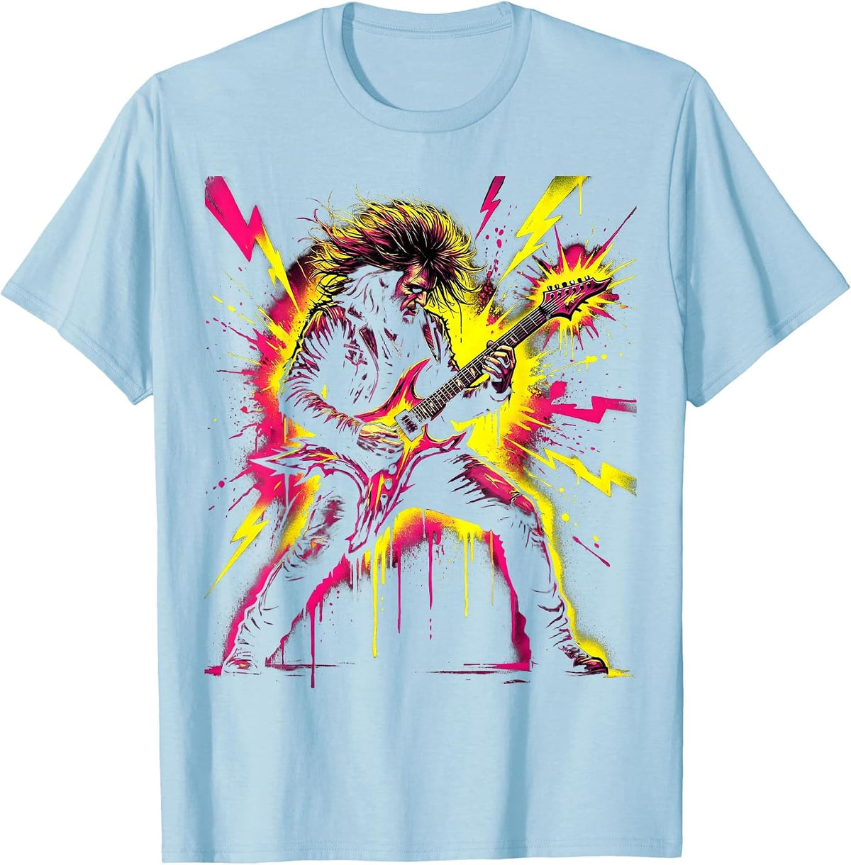Men's 80s Rock Guitarist Mullet Shredding Electric Guitar T-Shirt - Baby Blue