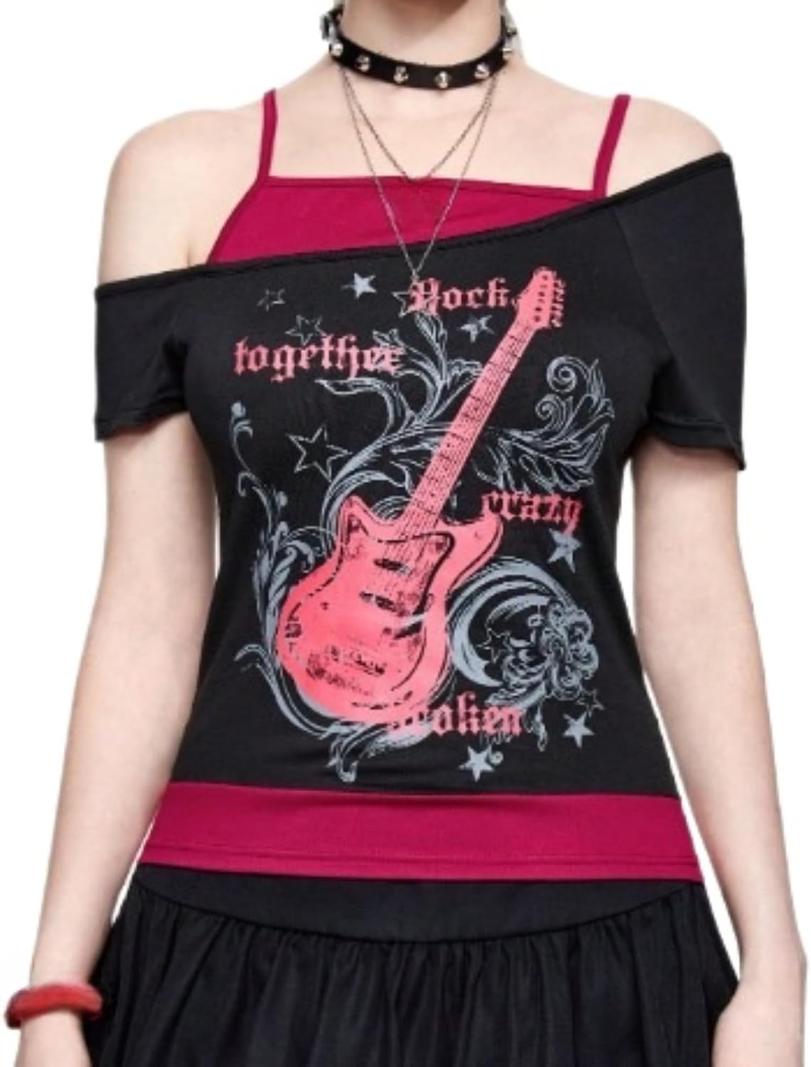 Emo Grunge Shirts Women 2000s Graphic Baby Tees Fake Two Piece Short Sleeve Vintage Y2k Crop Top Goth Alt Clothes - Red