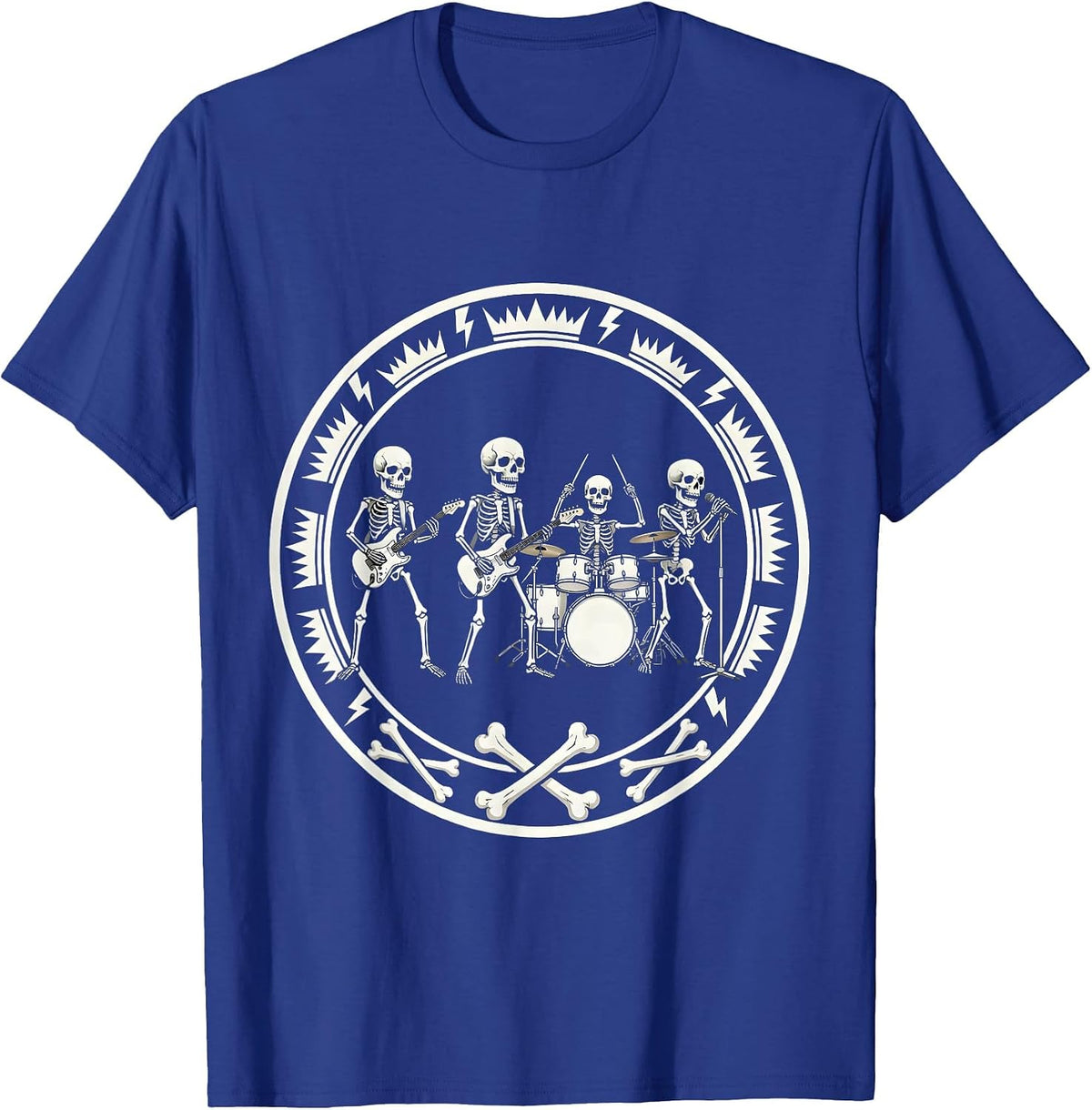 Skeleton Band Heavy Metal Stage Concert Graphic T-Shirt - Royal Blue